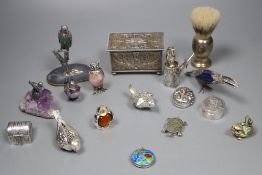 A group of modern small silver, plated and white metal items including mounted shaving brush,