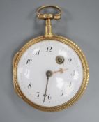 A 19th century French yellow metal open face keywind pocket watch by Guye le Jne? a Paris, case