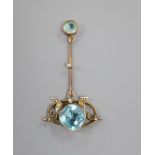 An early 20th century yellow metal, seed pearl and two stone blue topaz set drop pendant, 45mm,