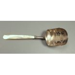 A George III mother of pearl handled silver caddy spoon, Joseph Taylor, Birmingham, 1817, 99mm.