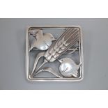 A Georg Jensen sterling 'Robin and wheatsheaf' square brooch, no. 250, 37mm.CONDITION: Overall