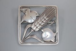 A Georg Jensen sterling 'Robin and wheatsheaf' square brooch, no. 250, 37mm.CONDITION: Overall