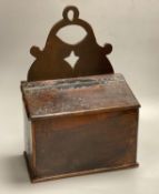 An 18th century oak candle box, cover with studded leather hinge, 28cm wideCONDITION: Good