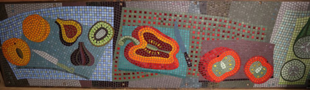 Three contemporary mosaic panels depicting fruit and other items on servery tables, largest