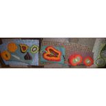 Three contemporary mosaic panels depicting fruit and other items on servery tables, largest