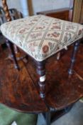 A Regency mahogany square topped, tapestry upholstered dressing stool, width 41cmCONDITION: Some