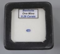 An unmounted oval cut natural blue benitoite, weighing 0.29ct, with GCS report dated 05/02/2020,