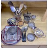 A quantity of plated items including coasters, flatware, cream jug, etc.CONDITION: Generally a bit