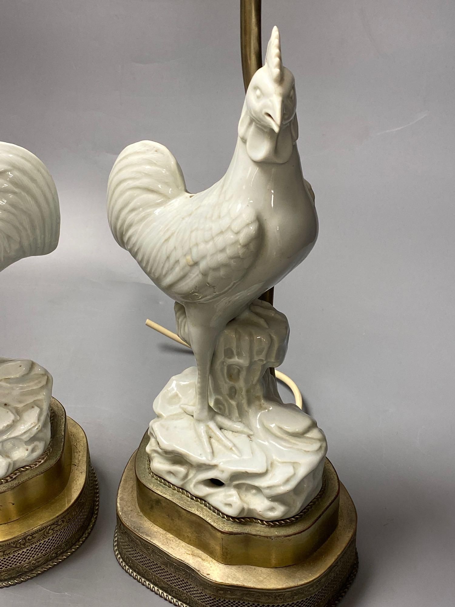 A pair of blanc de chine cockerel lamps, total height 64cm - Image 2 of 3