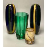 A pair of tall Art glass vases, 33cm, an angular green glass vase, 25cm and a Glory Art glass