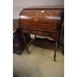 An Edwardian marquetry inlaid rosewood cylinder bureau, width 69cmCONDITION: Suffering from water