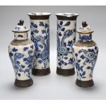 A part garniture of 19th century Chinese blue and white crackleglaze vases consisting a pair of