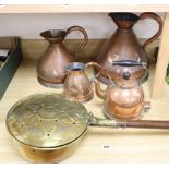 A quantity of Victorian and later brass and copper including a bed warmer, 103cm, three graduated