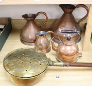 A quantity of Victorian and later brass and copper including a bed warmer, 103cm, three graduated