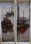 Jorge Aguilar (1925-1997), pair of oils on board, Fishing boats and barges in harbour, signed and