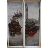 Jorge Aguilar (1925-1997), pair of oils on board, Fishing boats and barges in harbour, signed and