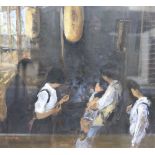 Smythe (20th C.), oil on canvas laid on board, Chinese interior with figures around a brazier,