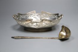 An early 1930's Georg Jensen silver cream ladle, 14.5cm and an Art Nouveau pierced silver dish,