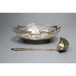 An early 1930's Georg Jensen silver cream ladle, 14.5cm and an Art Nouveau pierced silver dish,