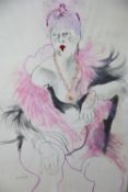 Rosie Fault, mixed media on paper, Seated showgirl, signed, 90 x 63cm