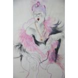 Rosie Fault, mixed media on paper, Seated showgirl, signed, 90 x 63cm