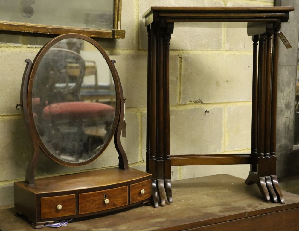 A nest of three mahogany tea tables, width 48cm depth 33cm height 67cm, and an oval swing frame