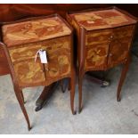 A pair of Louis XVI style marquetry inlaid bedside cabinets, width 38cm depth 30cm height 74cm