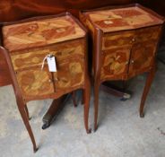 A pair of Louis XVI style marquetry inlaid bedside cabinets, width 38cm depth 30cm height 74cm