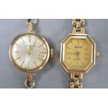 Two 9ct gold-cased ladys' wristwatches (Garrard manual and Ingersoll quartz) on 9ct bracelets (gross