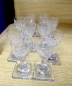 A set of ten George III 'oxo' engraved firing glasses, c.1800, square plinth bases, 10.5cm