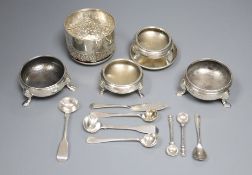 Small silver including a Victorian sugar bowl, two pairs of bun salts, one Georgian(a.f.), two small