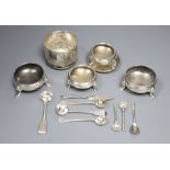 Small silver including a Victorian sugar bowl, two pairs of bun salts, one Georgian(a.f.), two small