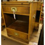 A pair of reproduction military style walnut bedside cabinets, width 46cm depth 42cm height 63cm