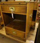 A pair of reproduction military style walnut bedside cabinets, width 46cm depth 42cm height 63cm