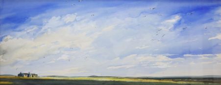 MC, watercolour, Open landscape, initialled, 23 x 59cm