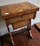 A Victorian walnut and chequer inlaid work / games table, width 55cm depth 40cm height 74cm