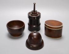 A 19th century lignum vitae turret shaped jar and cover, a similar acorn shaped string box and bowl,