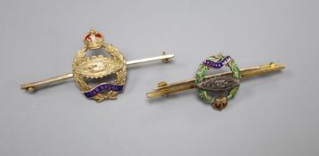 A 9ct gold, white metal and three colour enamel Royal Tank Regiment bar brooch, 47mm, gross 4.3