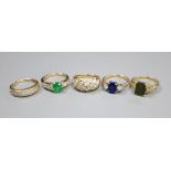 Five assorted 585 gold dress rings, one opal-set, the others paste-set, gross 13.4 grams.