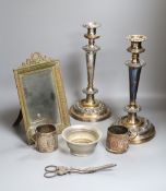 A pair of Sheffield plated candlesticks (worn), a frame, two mugs, a bowl and a pair of grape