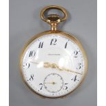 An early 20th century continental engine turned 14k open face keyless chronometre pocket watch, with