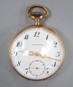 An early 20th century continental engine turned 14k open face keyless chronometre pocket watch, with