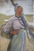 English School c.1900, oil on canvas laid on board, Sketch of a Breton fishergirl, 51 x 35cm