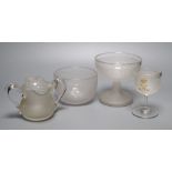 A group of Victorian abraded glass - a finger bowl, wine and footed bowl wheel engraved with