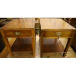 A pair of reproduction military style yew two tier occasional tables, width 48cm depth 61cm height
