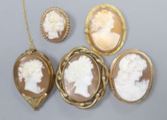 Five assorted mounted cameo shell brooches, including one 9ct gold(gross 12.4 grams) and one 10k(