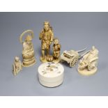 Four Japanese ivory okimono, a shibayama style box and a model of a cartCONDITION: Okimono - adult