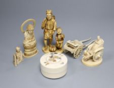 Four Japanese ivory okimono, a shibayama style box and a model of a cartCONDITION: Okimono - adult