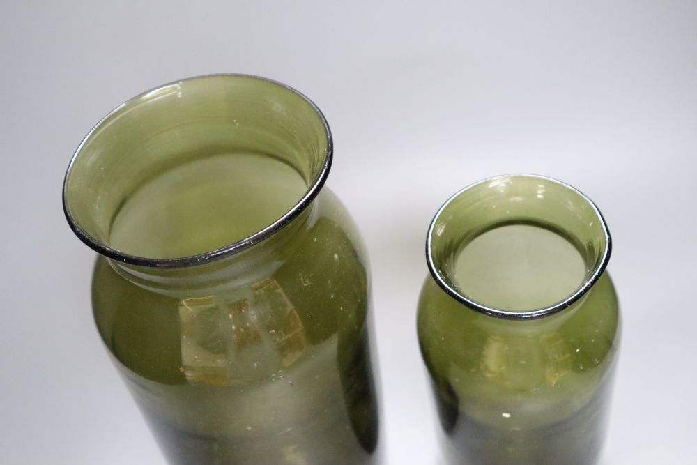 Two 19th century French green glass storage jars, 31.5 and 25.5cmCONDITION: Provenance - Andrew - Image 2 of 3