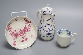 A Tournai covered jug and a similar coffee cup, c.1770 and a similar Zurich puce saucer, c.1775 (4),